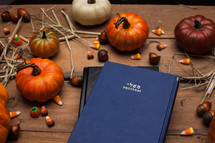 Book of Proverbs and Holy Bible on a wood table surrounded by pumpkins