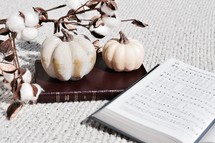 open hymnal, Bible, pumpkins, and cotton sprays on a gray knit blanket 