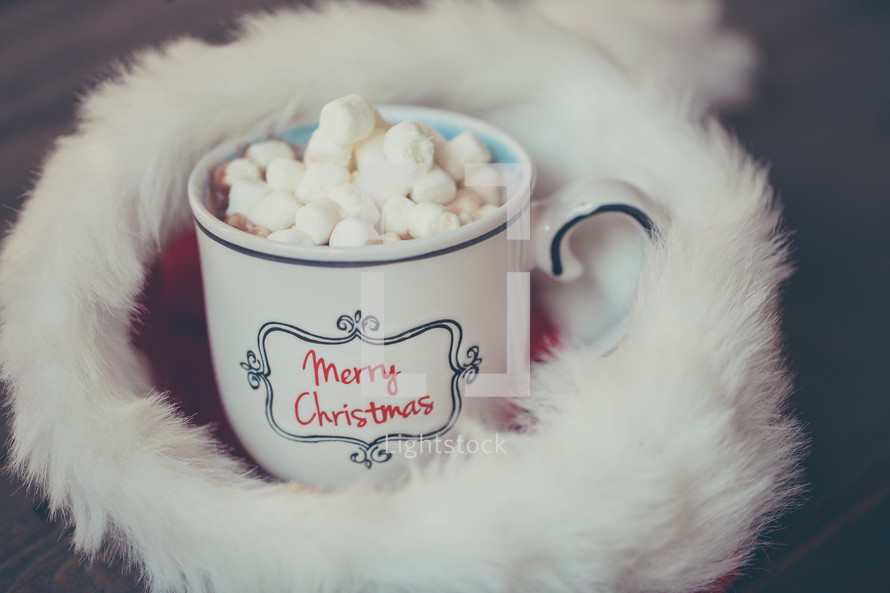 marshmallows in hot cocoa in a santa hat 