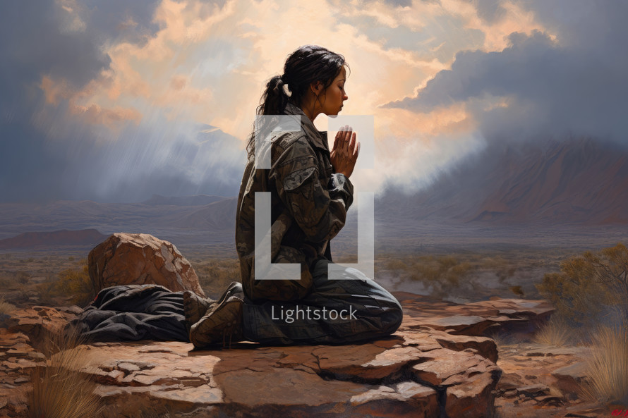 Woman soldier praying in the desert with mountains and clouds in the background