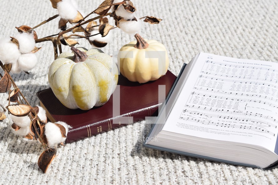 open hymnal, Bible, pumpkins, and cotton sprays on a gray blanket