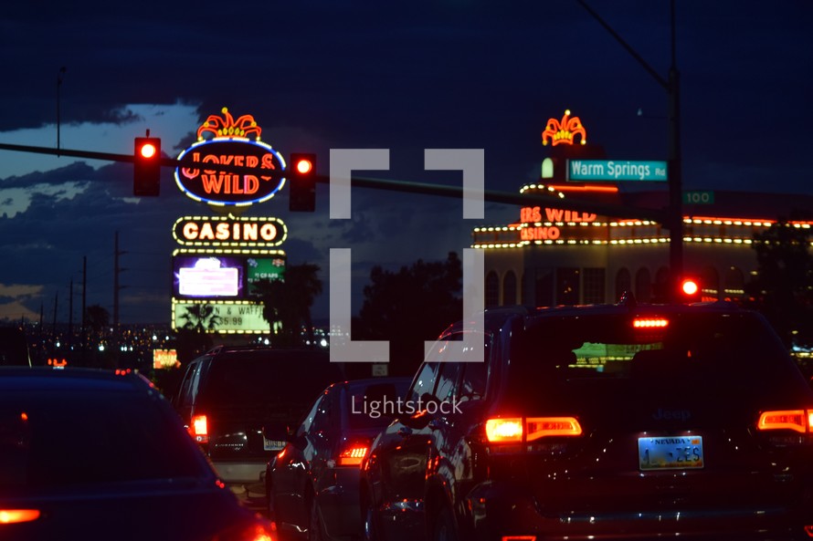 Traffic on Boulder City Highway near the casinos at night 