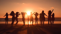 Silhouette of people dancing on the beach at sunset at sunset in Summer. AI Generated