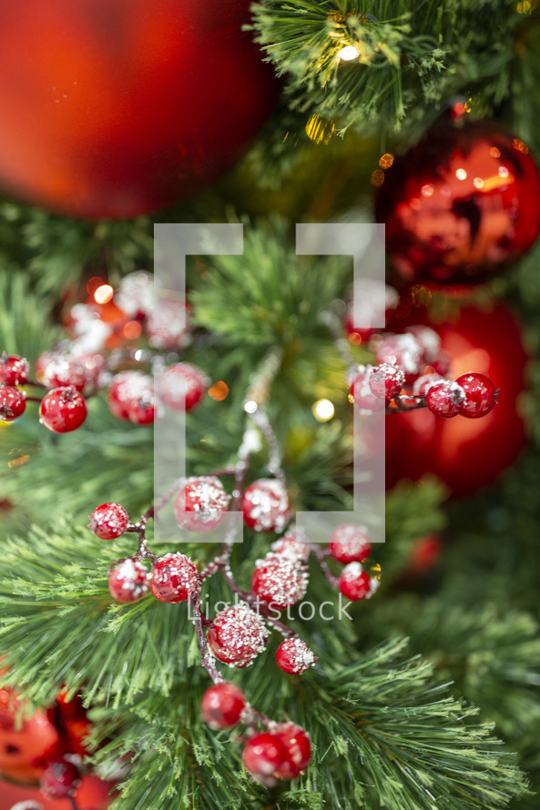 red ornaments on a Christmas tree 