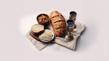 Broken bread for communion together with wine represents the broken body and blood of Jesus Christ.