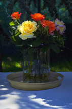Roses in Vase on Table in Summer Garden