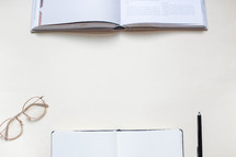 blank notebook, pen, reading glasses, coffee cup, copy space, desk 