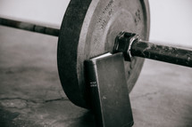 free weights at a gym and a Bible 