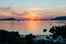 islands and shoreline at sunset 