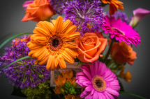 purple, pink, and orange, flower arrangement 