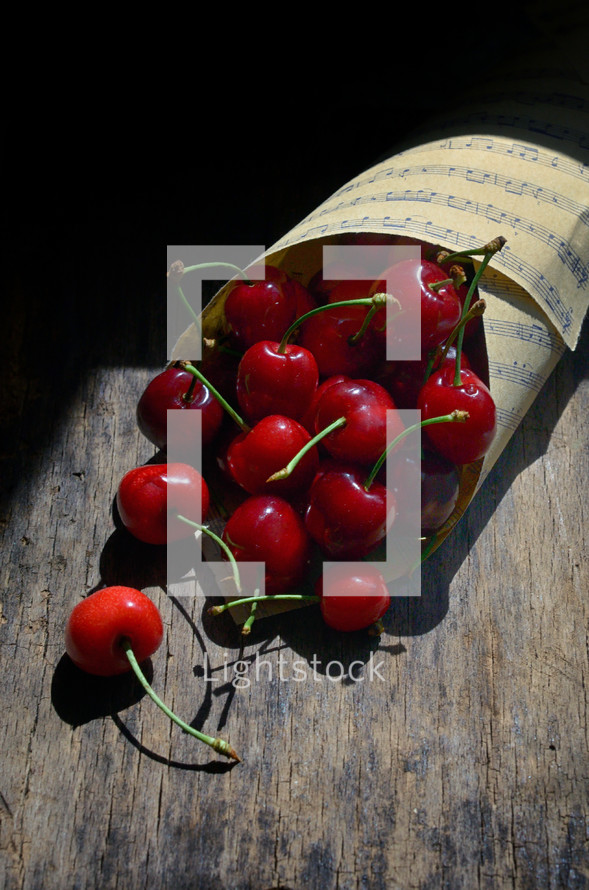 Closeup Cherry Fruits on Wooden Table