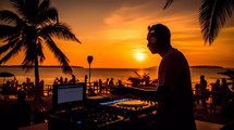 Silhouette of a dj who is putting music at sunset on a beach. AI Generative