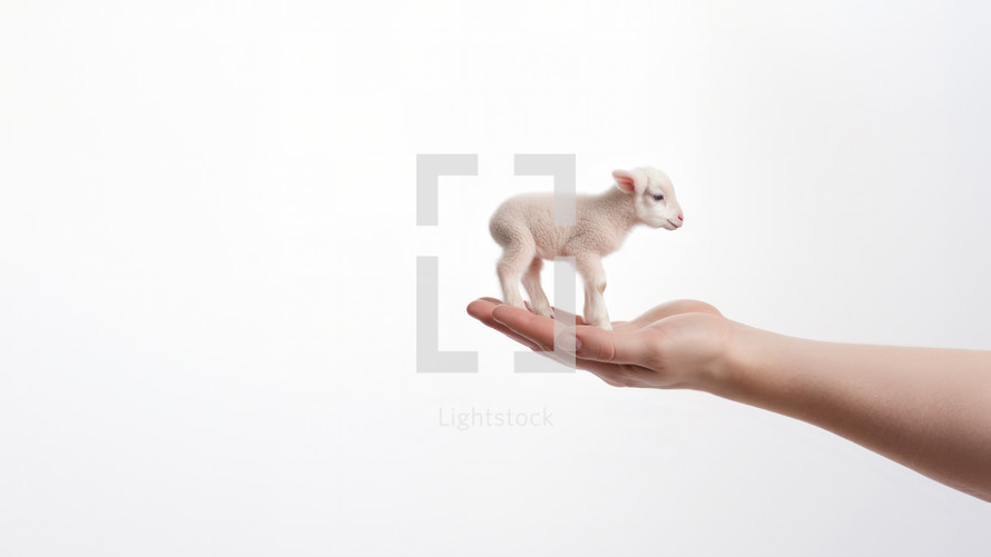 A small sheep in the palm of a man's hand
