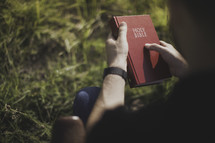 a man sitting in grass reading a Bible 
