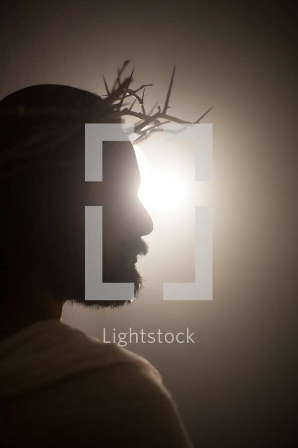 Jesus with a crown of thorns surrounded by a glowing light 