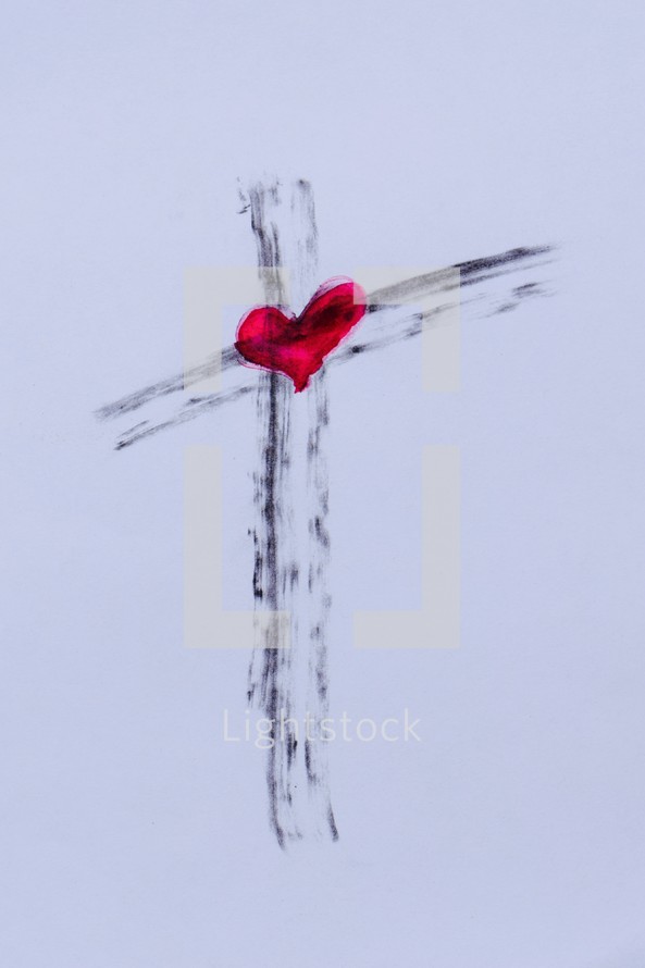 Cross in ashes with a red heart in the center 