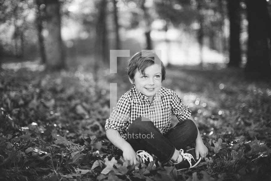 a boy child sitting in fall leaves 