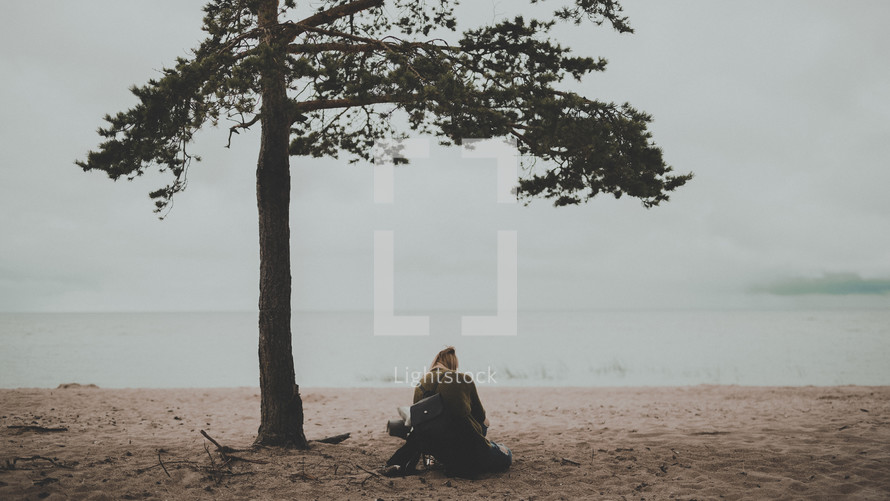 a woman sitting under a tree on a beach 