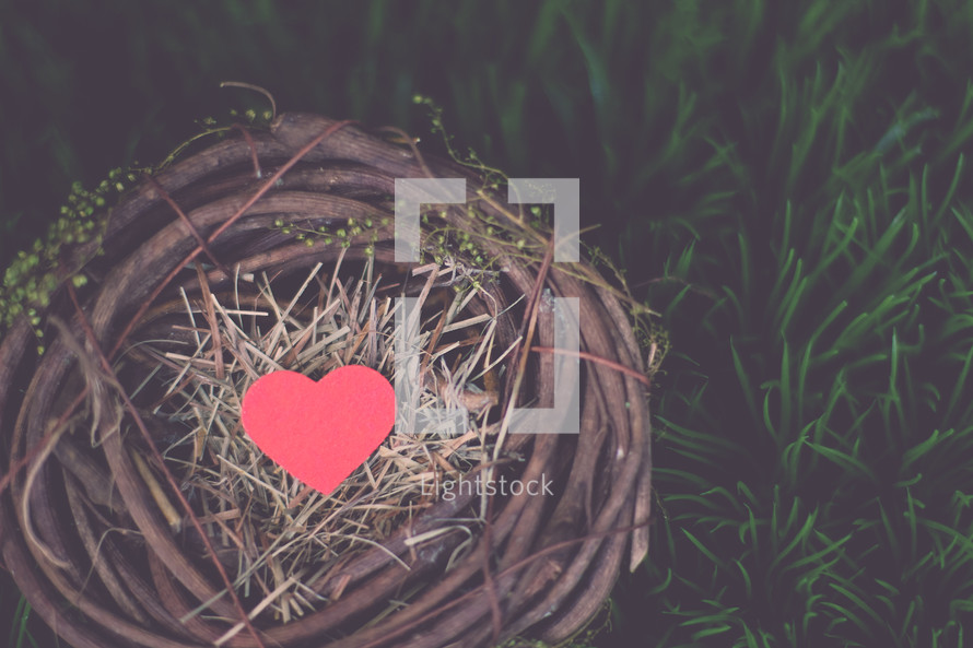 A wooden heart in a bird's nest