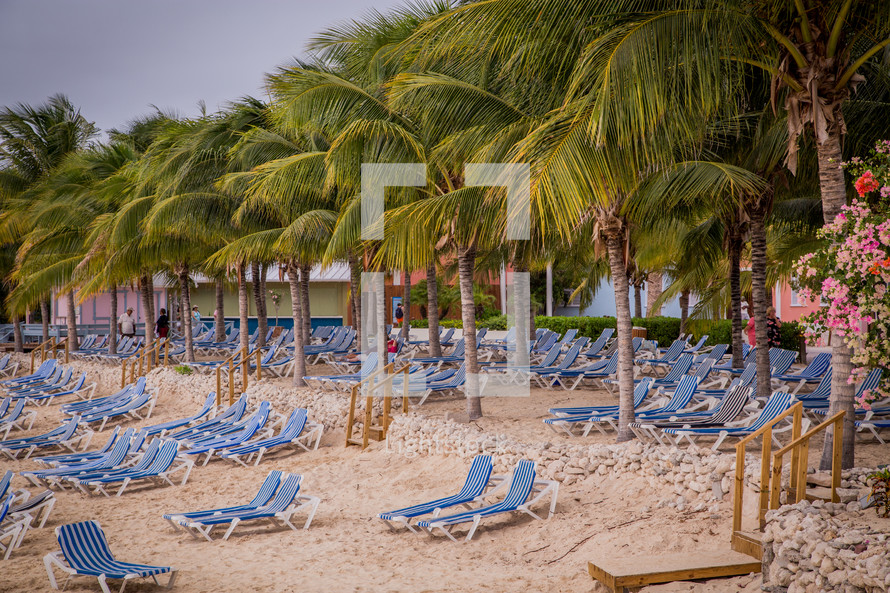 lounge chairs on a resort beach 