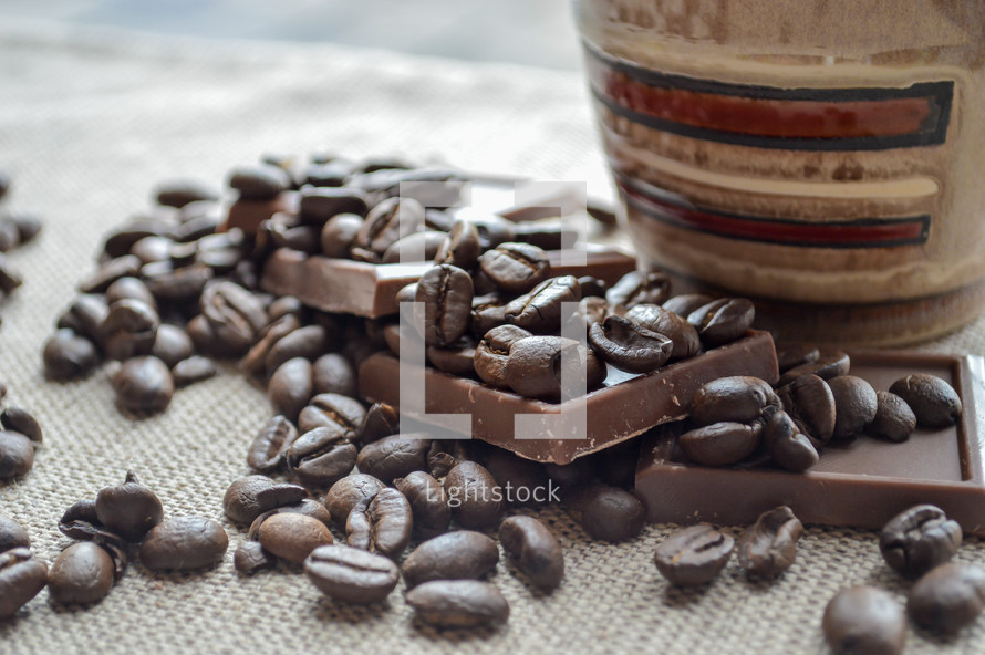 coffee beans and chocolate bars 