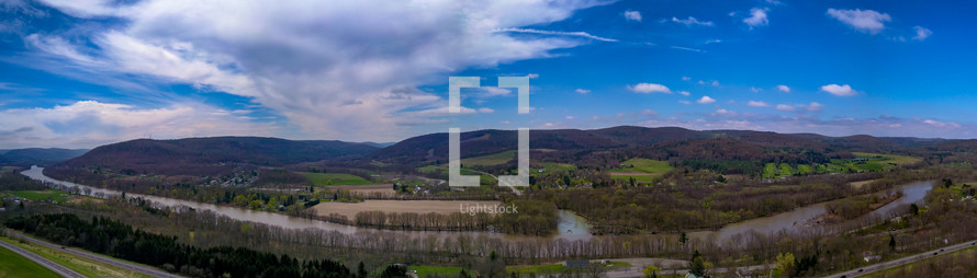 river and rural landscape panorama 