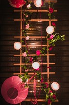 pink paper lanterns and flowers centerpiece 