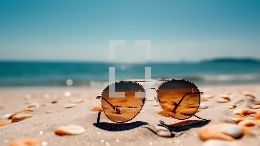 Sunglasses on the beach in summer. AI Generative