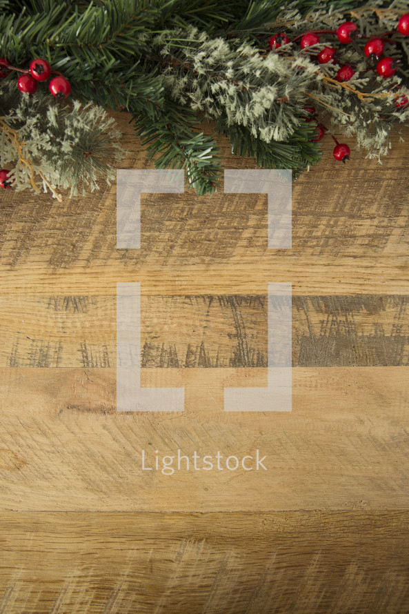 holly Christmas border on wood 