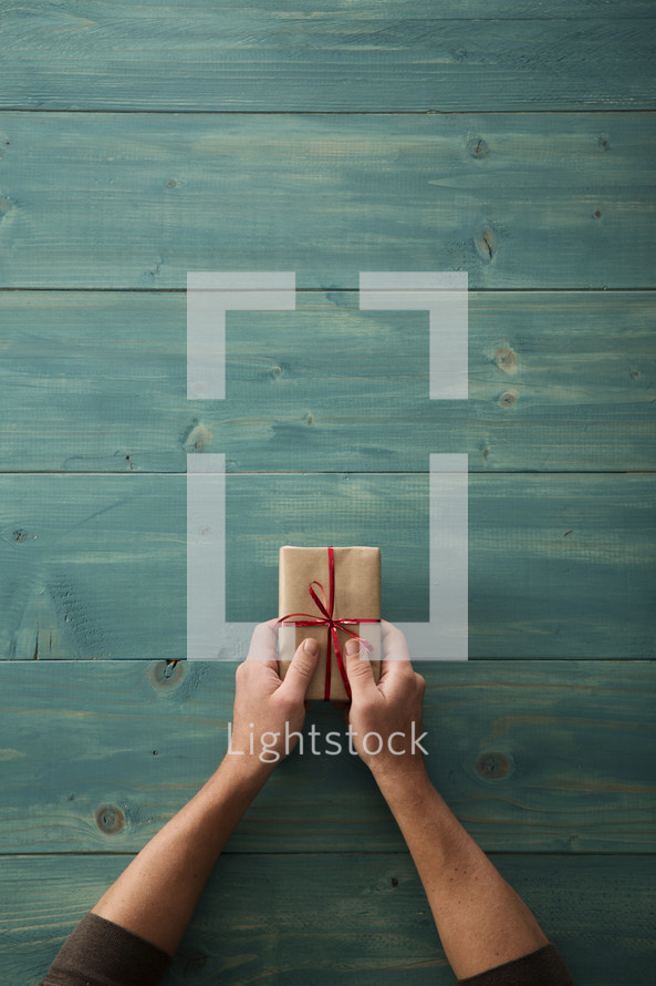 a man's hands holding a wrapped Christmas present 