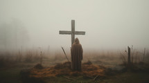 Man prays near a wooden cross in the foggy day