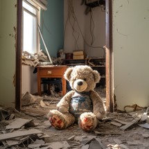 Destroyed interior of a room after a catastrophe. A plush teddy bear sits in the center amidst shattered glass and debris.