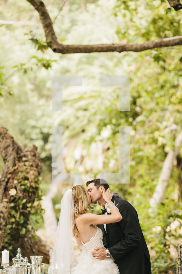 bride and groom kissing outdoors