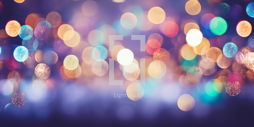 Christmas background with colorful garland and glitter light bokeh.