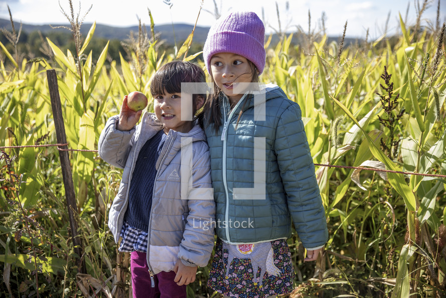 Sisters in a corn field with an apple