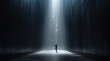 Woman walking into a beam of light coming from above. 