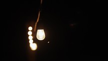 Strings of vintage edison light bulbs lighting up a dark night.