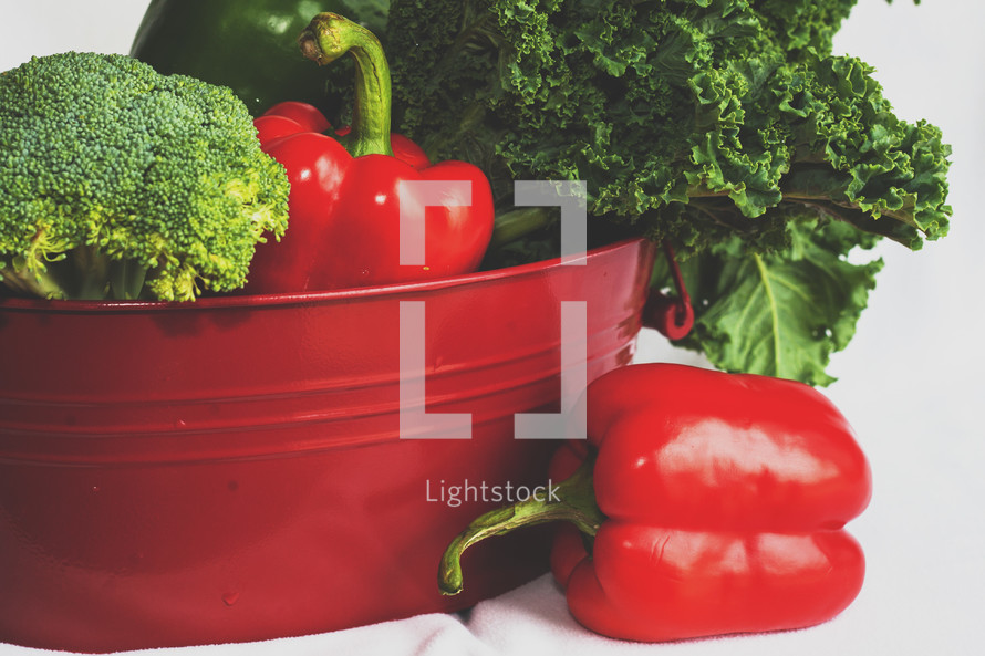 red and green fresh vegetables in a bucket 