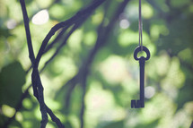 Ancient wrought iron key hanging between branches. Mysterious and metaphorical concept