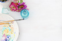 watercolor on a plate, paint brushes, pastels, flowers, house plant, teal, glass, art, background 