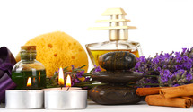 Spa accessories and lavender over white background..