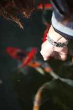 touching fish in a koi pond 