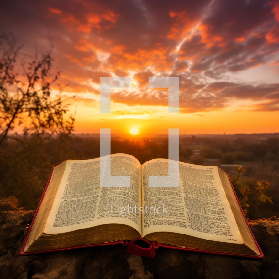 An open Bible rests on a rock, bathed in the warm, golden glow of the setting sun, symbolizing faith and divine connection