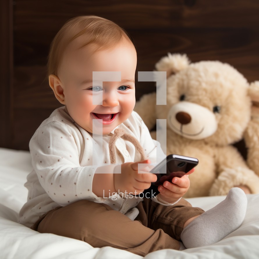 Cute baby boy playing with mobile phone on the bed at home