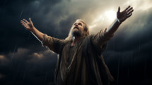 Noah raising his hands in the storm