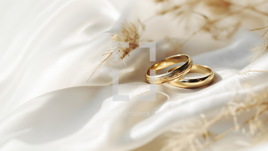 Wedding rings on white satin fabric background, closeup with copy space