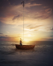 a man anchoring his boat to the sky 