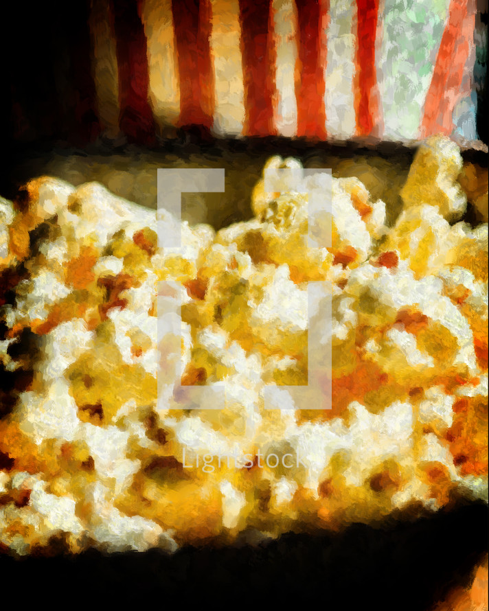 Painted image of freshly popped popcorn with refreshing beverage in the background. 