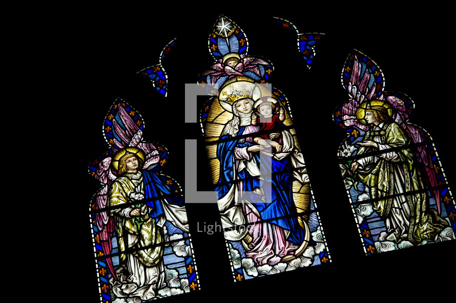 Mary and baby Jesus stained glass windows 