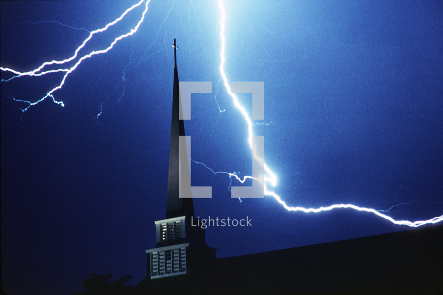 lightning strike over a church steeple 